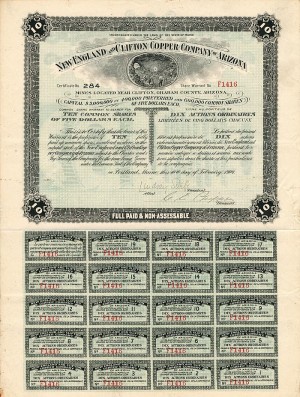 New England and Clifton Copper Co. of Arizona - Stock Certificate
